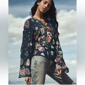 Johnny Was Women's 1x Harley Navy Floral Blouse Long Sleeves 100% Rayon